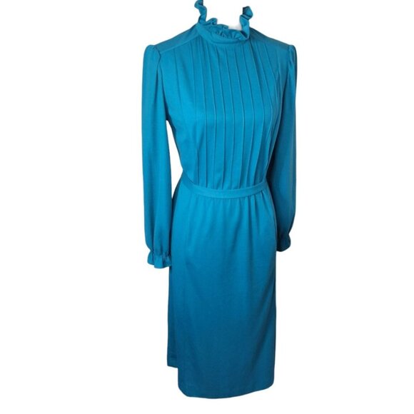 JCPenney Fashions Blue Dress Long Ruffle High Neck Pockets Tie Vintage Womens 14 - Picture 1 of 16